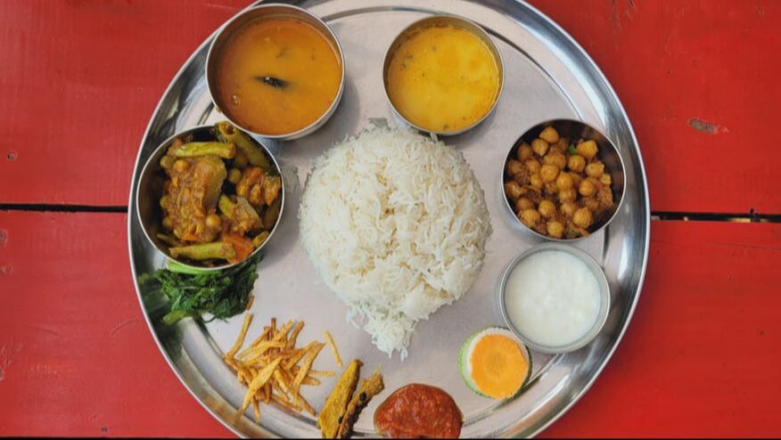 DAL BHAT, RICE NEPAL, LENTILS AND RICE IN NEPAL, NEPALI FOOD, NEPALESE FOOD, NATIONAL FOOD IN NEPAL